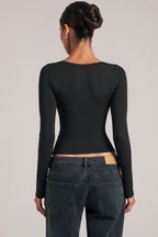 V-Neck Long-Sleeve Top  in Black