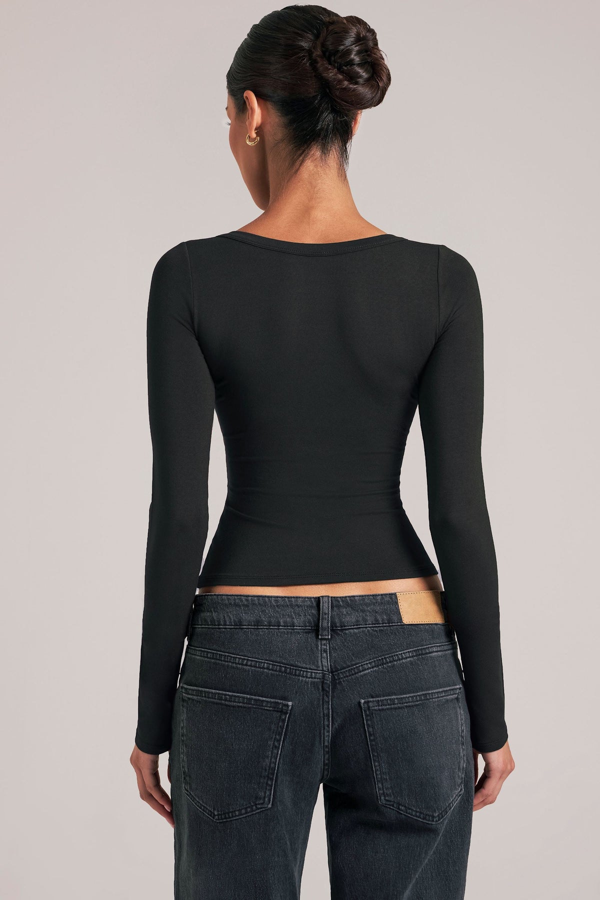 V-Neck Long-Sleeve Top  in Black