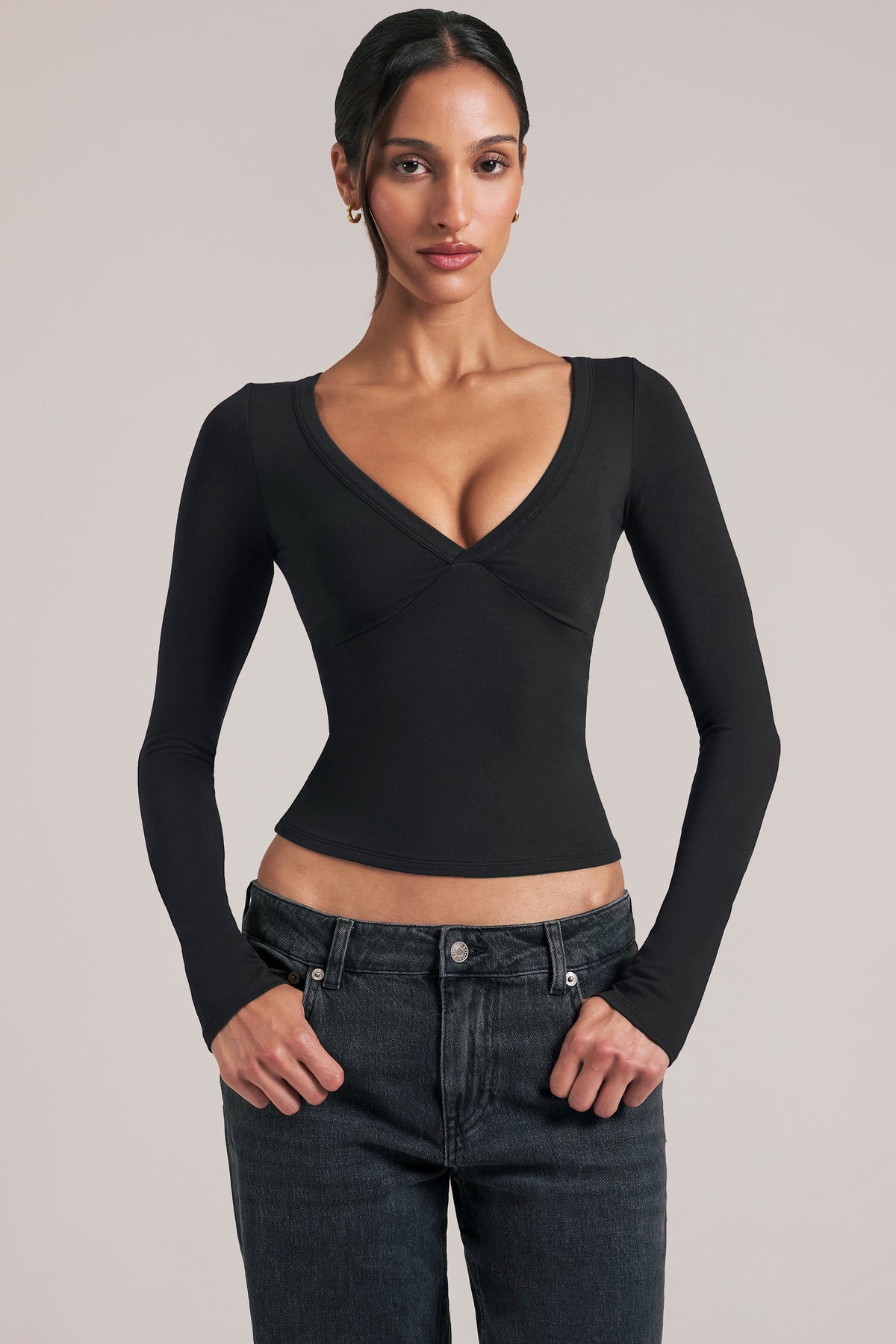V-Neck Long-Sleeve Top  in Black