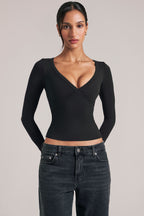 V-Neck Long-Sleeve Top  in Black