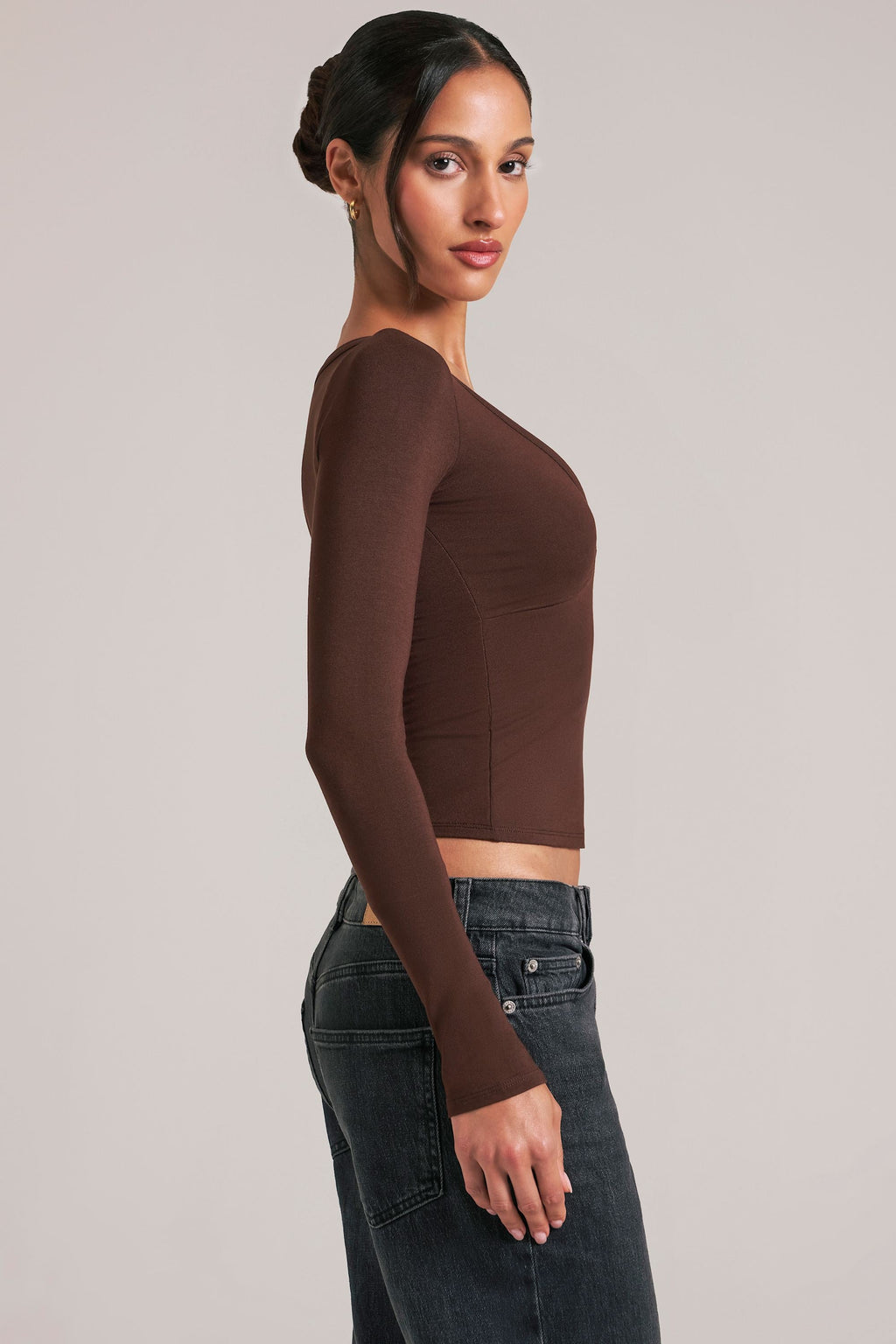 V-Neck Long-Sleeve Top  in Chocolate Brown