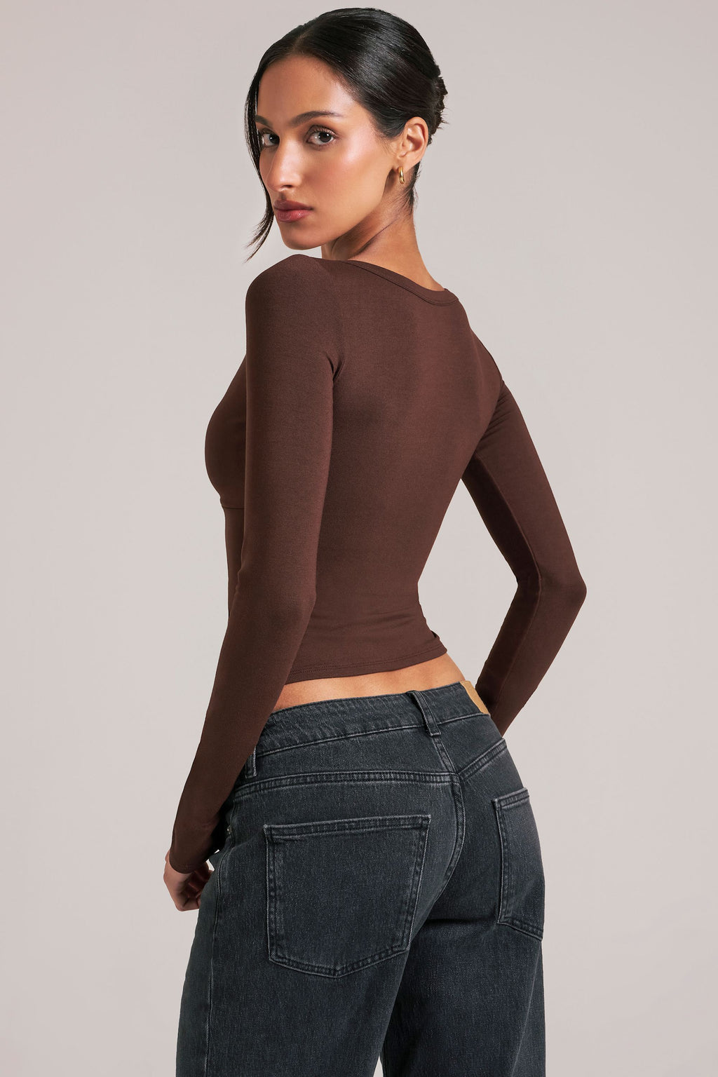V-Neck Long-Sleeve Top  in Chocolate Brown