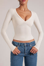 V-Neck Long-Sleeve Top  in Vanilla