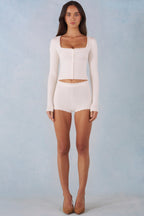 Knit Mid-Rise Mini Shorts in Ivory