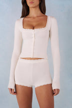 Knit Mid-Rise Mini Shorts in Ivory