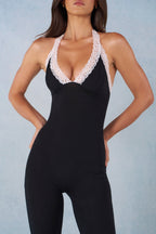 Modal Lace-Trim Capri Jumpsuit  in Black