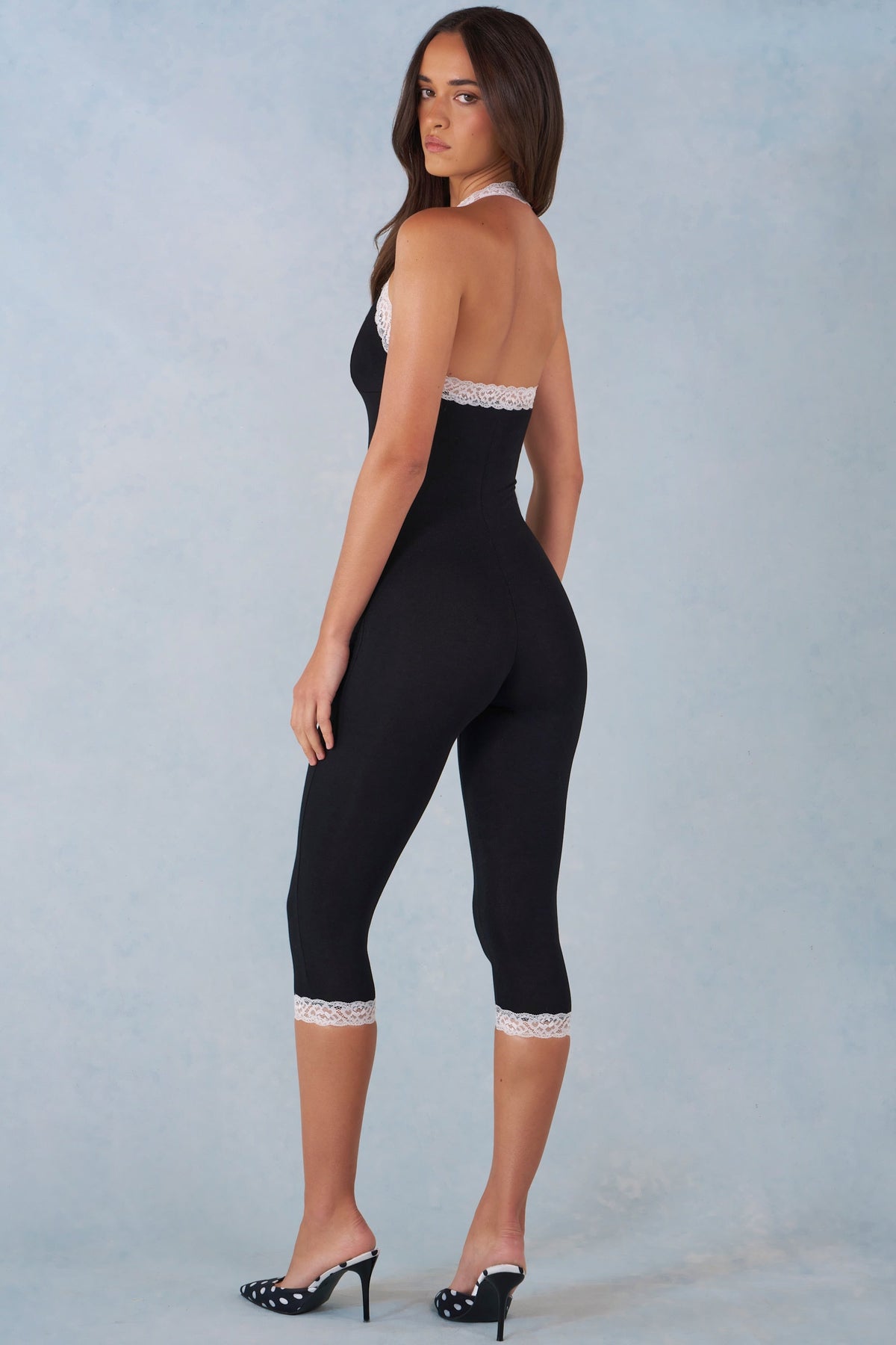 Modal Lace-Trim Capri Jumpsuit  in Black