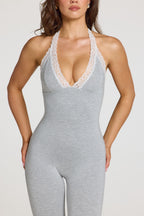 Modal Lace-Trim Capri Jumpsuit in Grey Marl