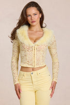 Lace Faux-Fur-Trim Cardigan in Lemon Yellow