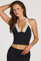 Modal Lace-Trim Halterneck Top in Black
