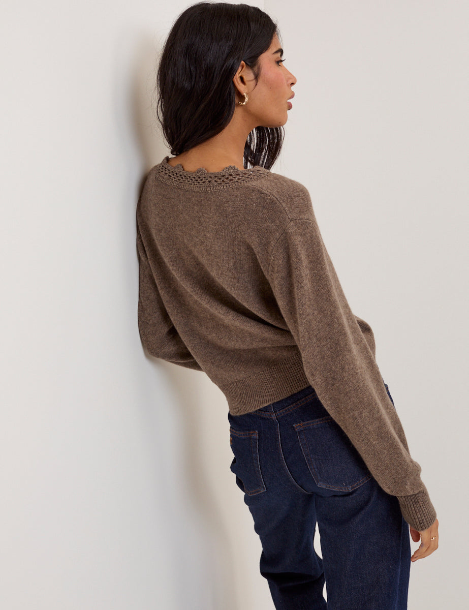 Brown Wool Blend Crochet Trim Elodie Cardigan