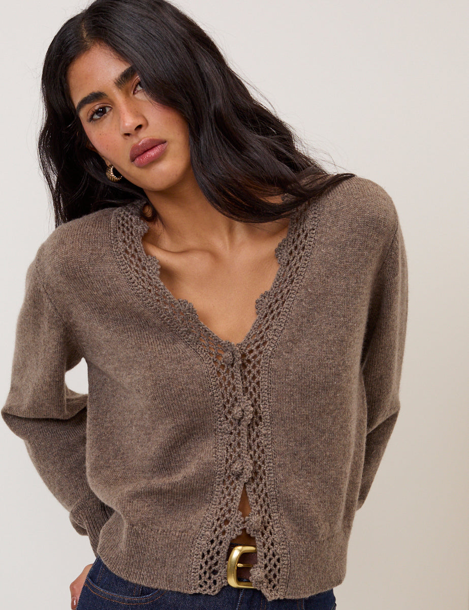 Brown Wool Blend Crochet Trim Elodie Cardigan