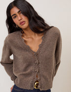 Brown Wool Blend Crochet Trim Elodie Cardigan