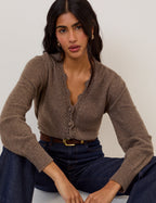 Brown Wool Blend Crochet Trim Elodie Cardigan