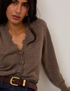 Brown Wool Blend Crochet Trim Elodie Cardigan