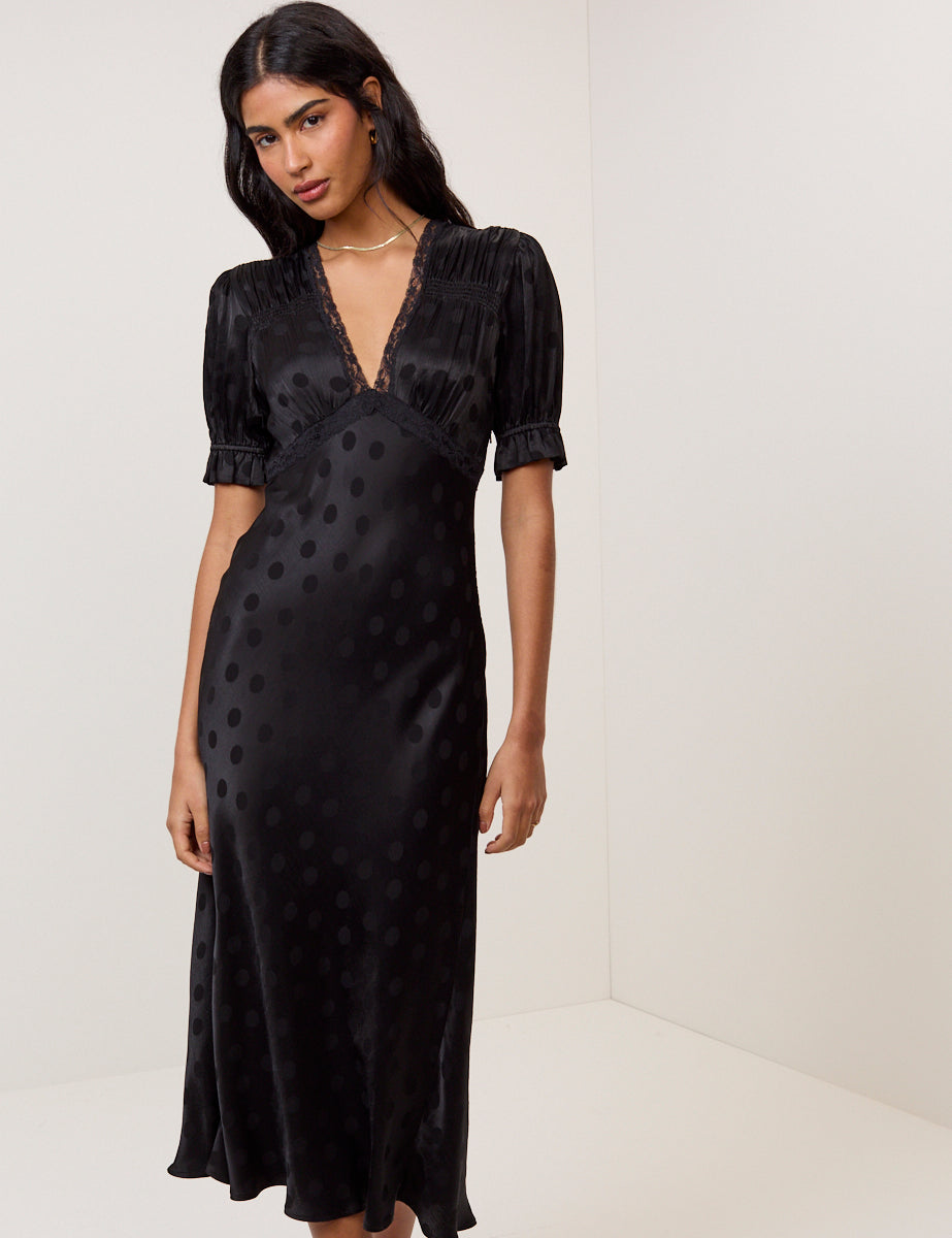 Black Polka Dot Jacquard Angela Midi Dress