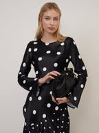 Black Polka Dot Asymmetrical Drop Alaia Midi Dress