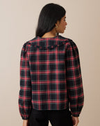 Red Tartan Cord Oversized Collar Blouse