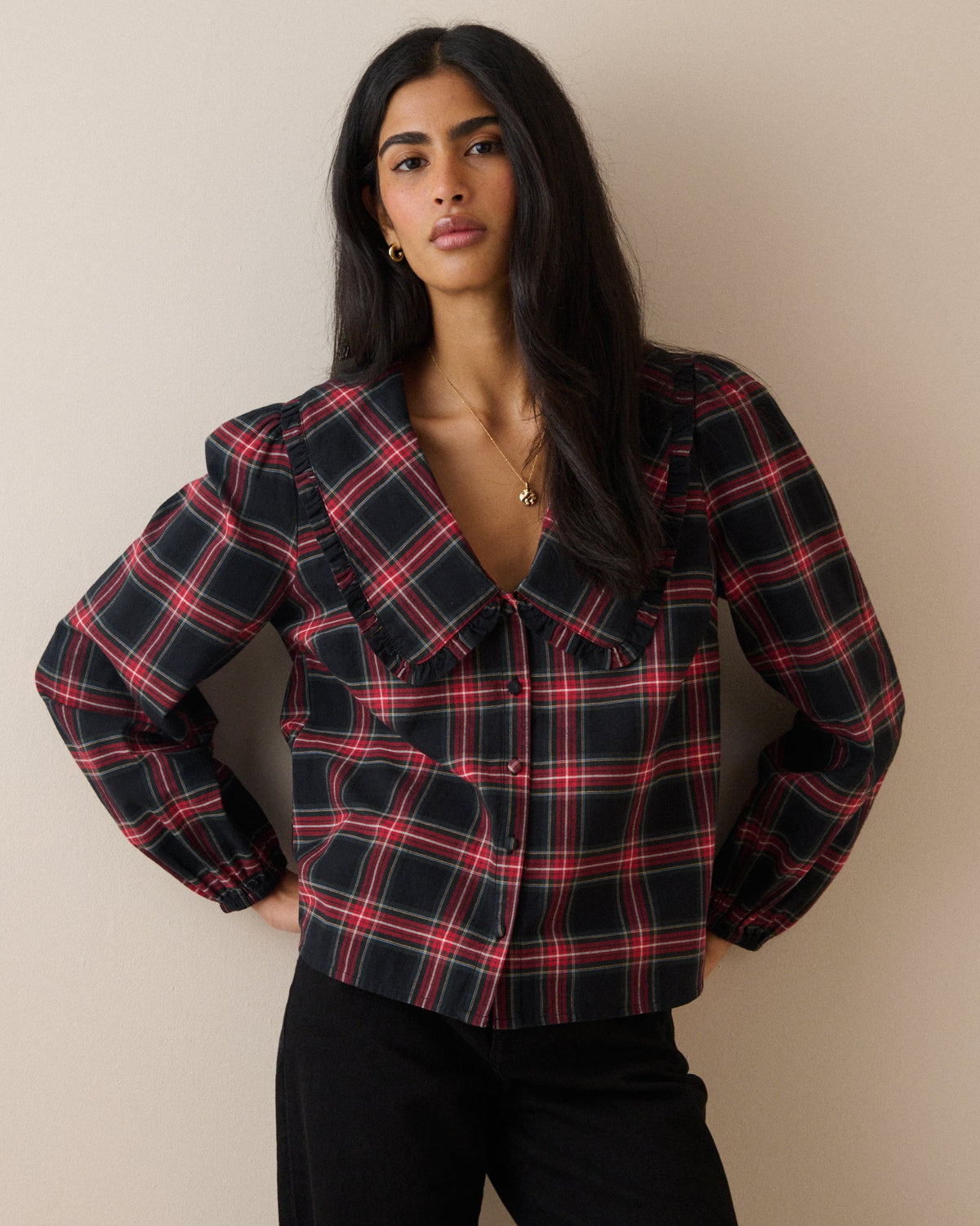 Red Tartan Cord Oversized Collar Blouse