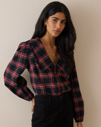 Red Tartan Cord Oversized Collar Blouse