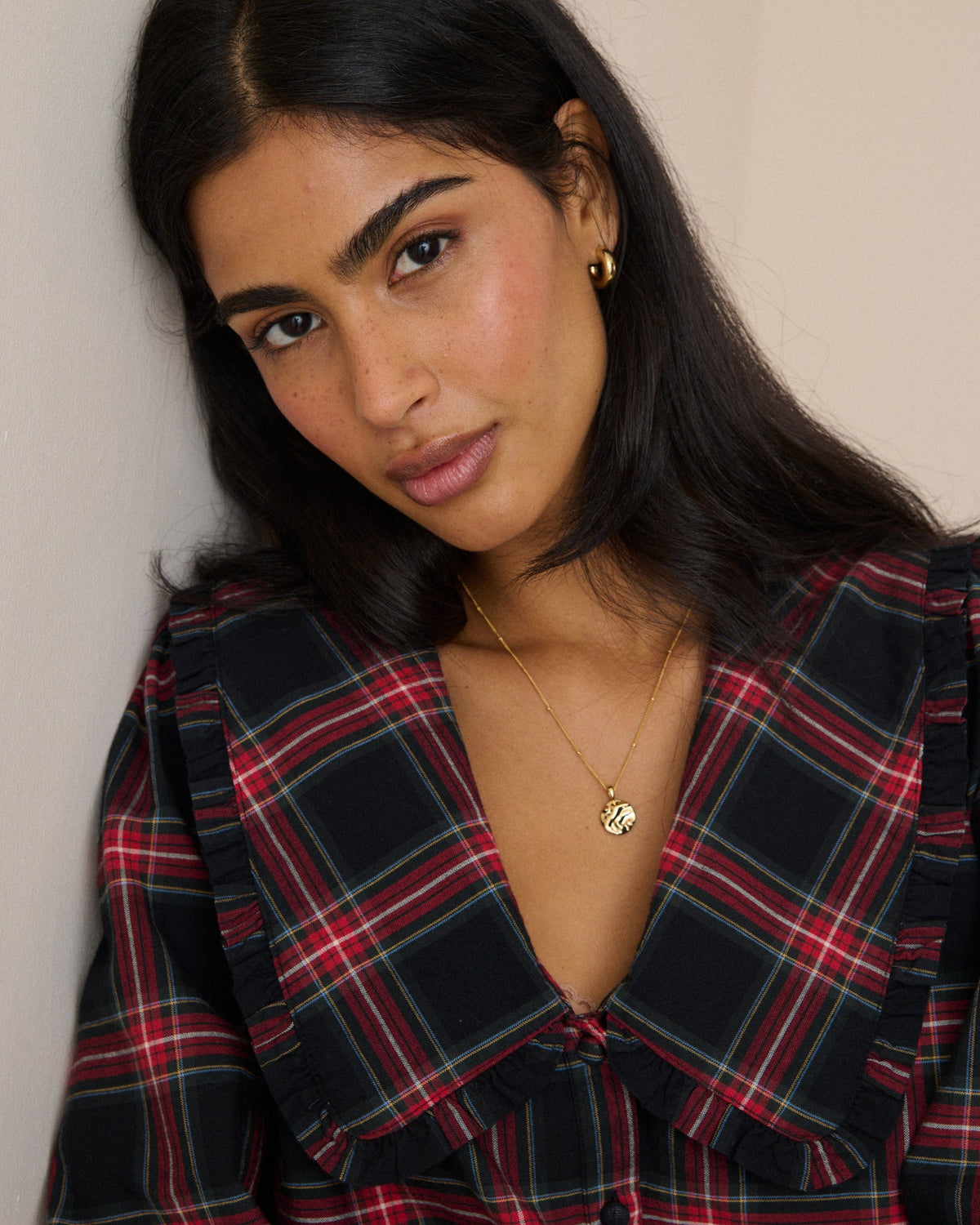 Red Tartan Cord Oversized Collar Blouse