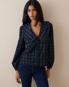 Navy Tartan Cord Oversized Collar Blouse