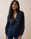 Navy Tartan Cord Oversized Collar Blouse