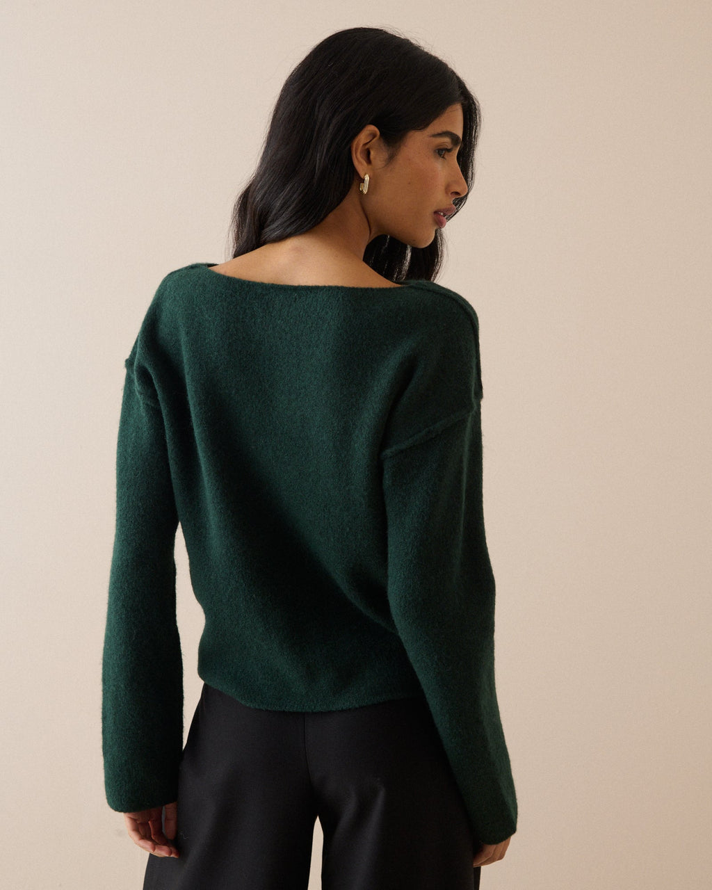 Dark Green Boat Neck Exposed Seam Jumper