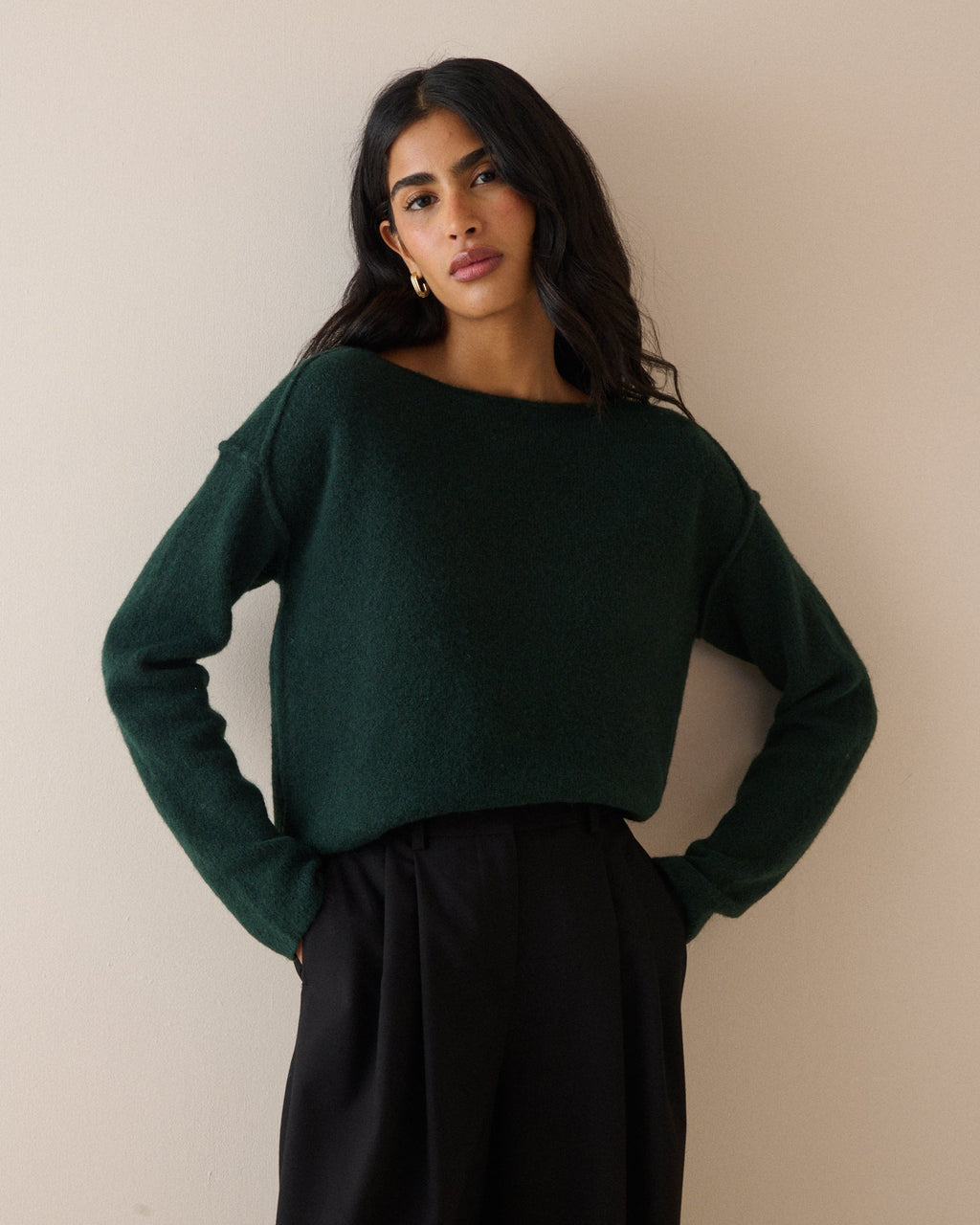 Dark Green Boat Neck Exposed Seam Jumper
