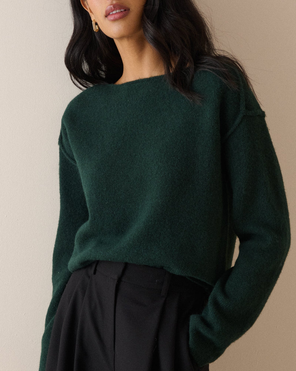 Dark Green Boat Neck Exposed Seam Jumper