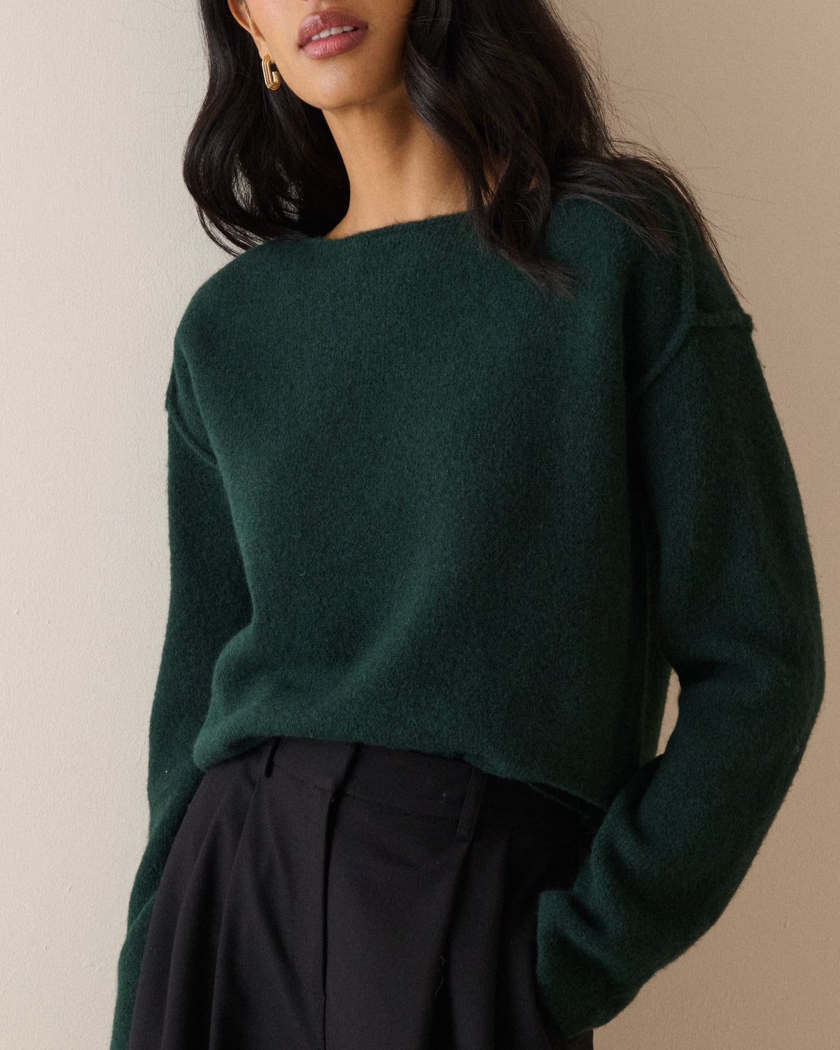 Dark Green Boat Neck Exposed Seam Jumper
