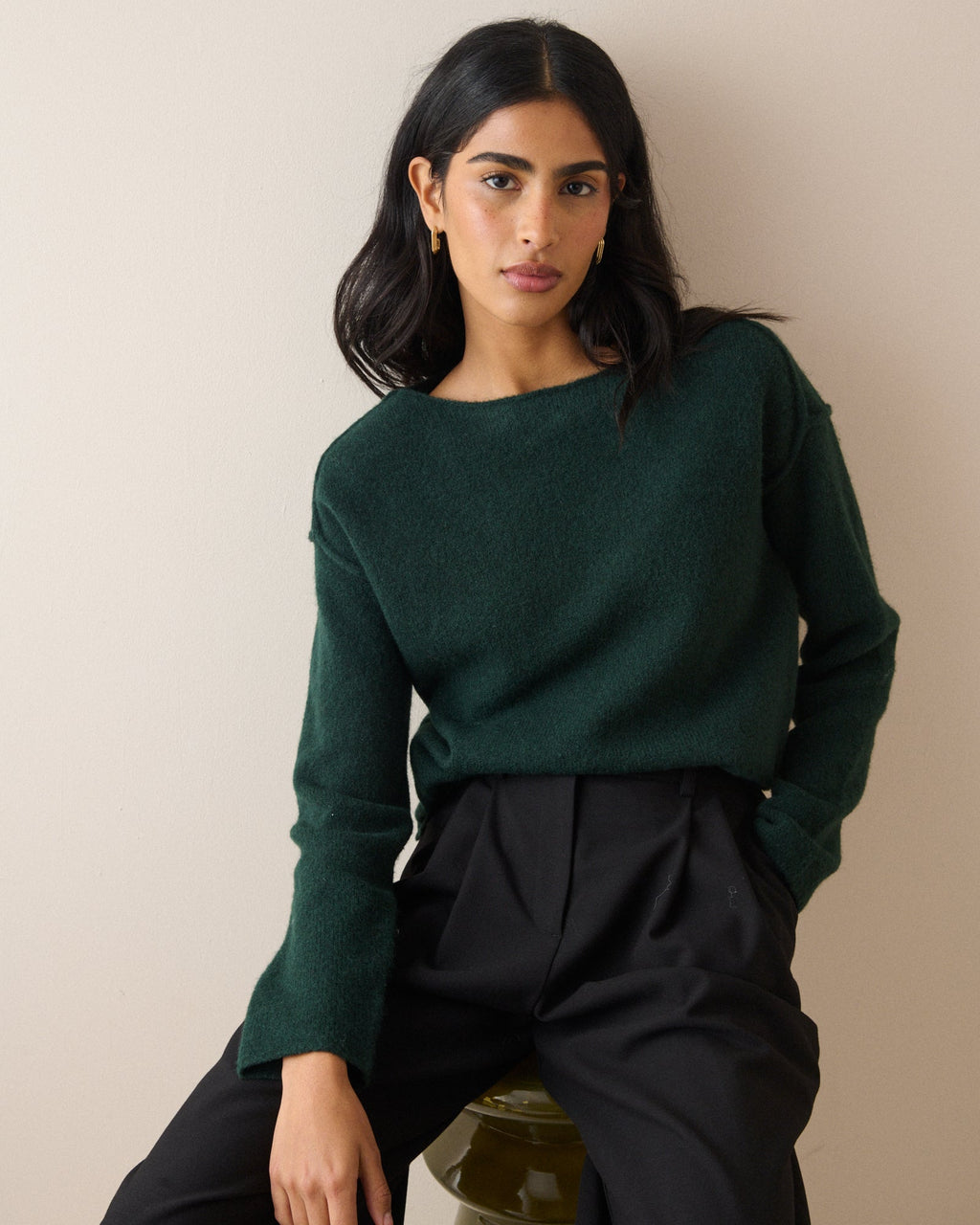 Dark Green Boat Neck Exposed Seam Jumper