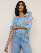 Blue Floral Short Sleeve Blouse
