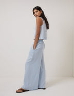 Light Blue Linen-Rich Wide Leg Trousers