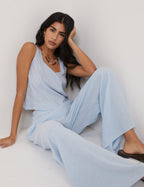 Light Blue Linen-Rich Wide Leg Trousers