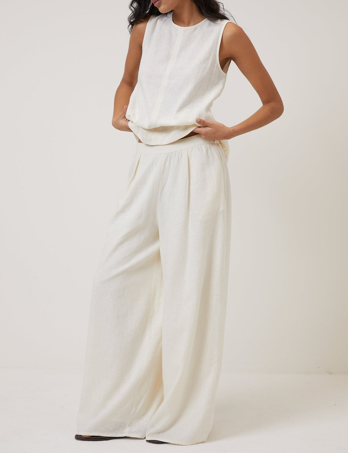 Cream Linen-Blend Top & Trousers Set