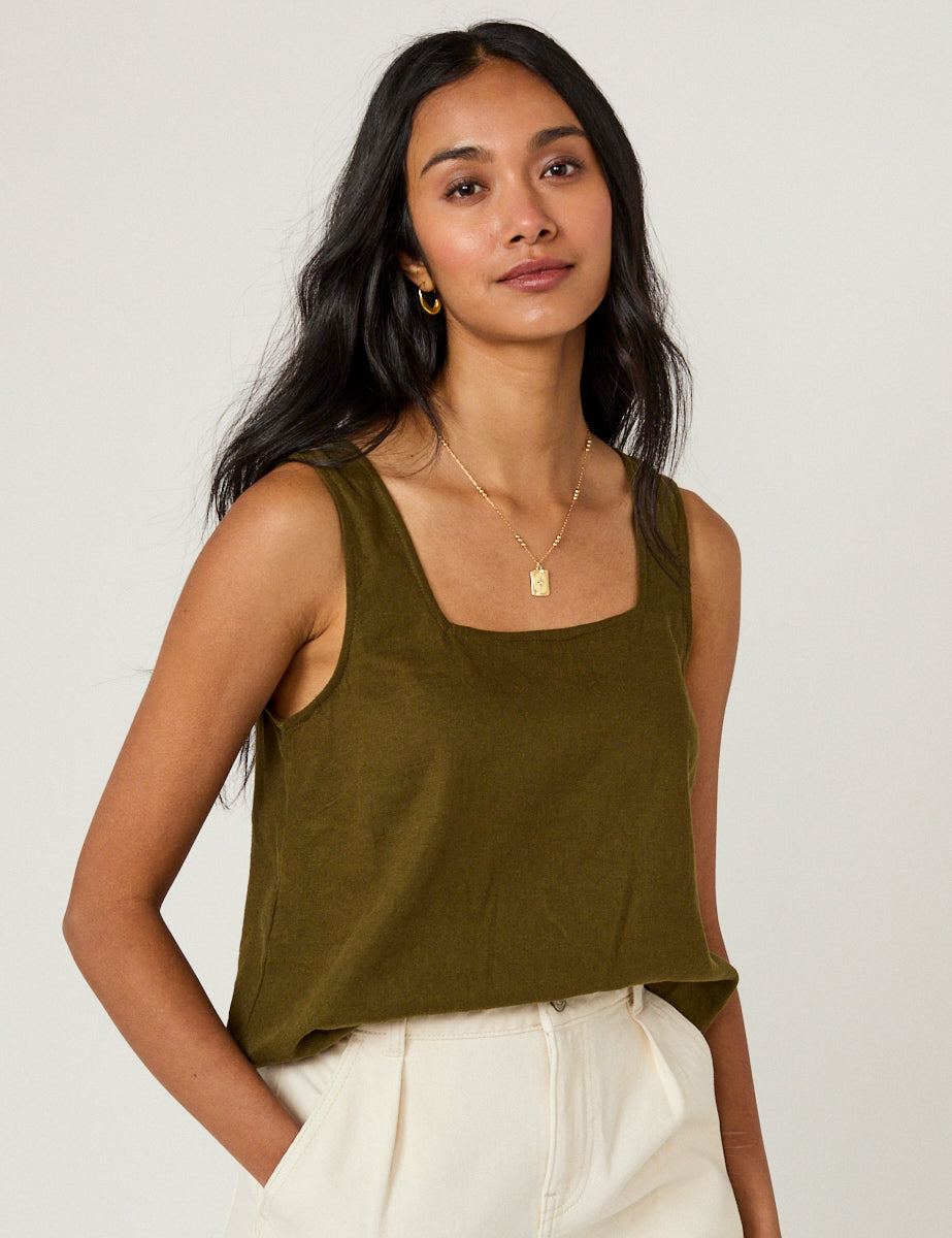 Khaki Green Linen-Rich Top