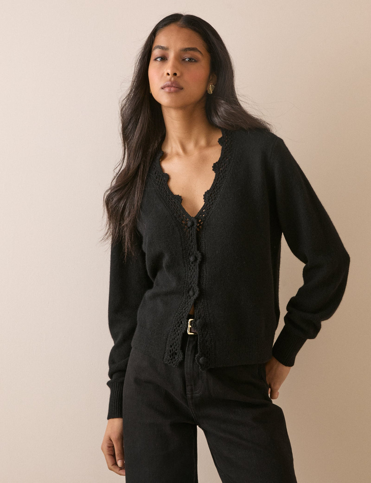 Black Wool Blend Crochet Trim Elodie Cardigan