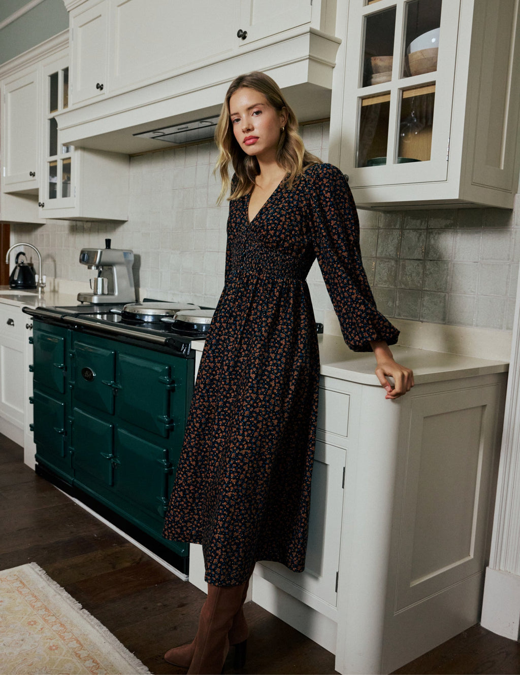 Black and Orange Floral Shirred Cord Midi Dress