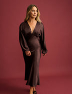 Chocolate Brown V-Neck Satin Allura Midi Dress