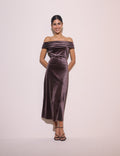 Brown Gathered Velvet Pippa Midi Dress
