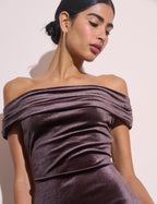 Brown Gathered Velvet Pippa Midi Dress