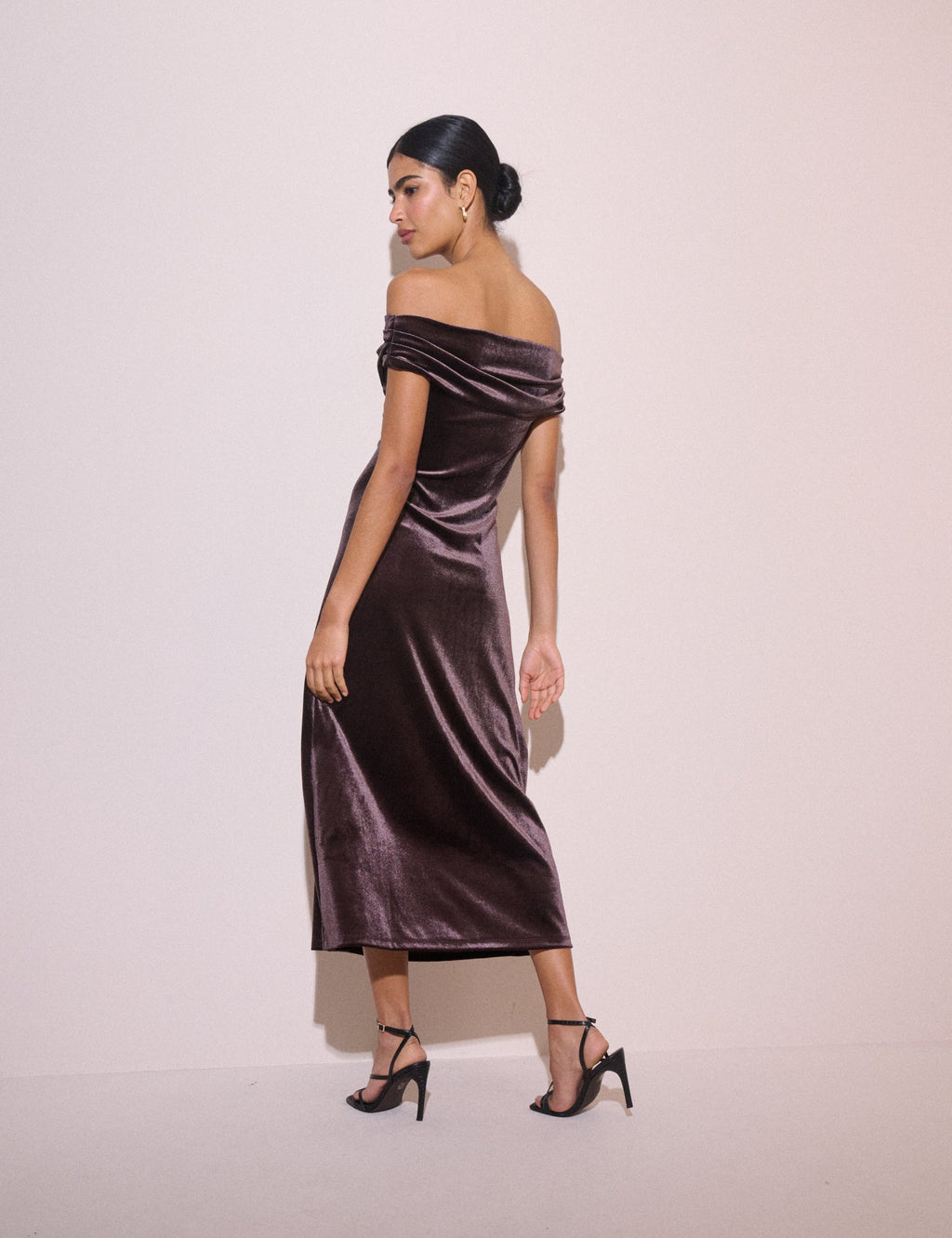 Brown Gathered Velvet Pippa Midi Dress