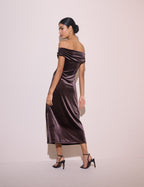 Brown Gathered Velvet Pippa Midi Dress