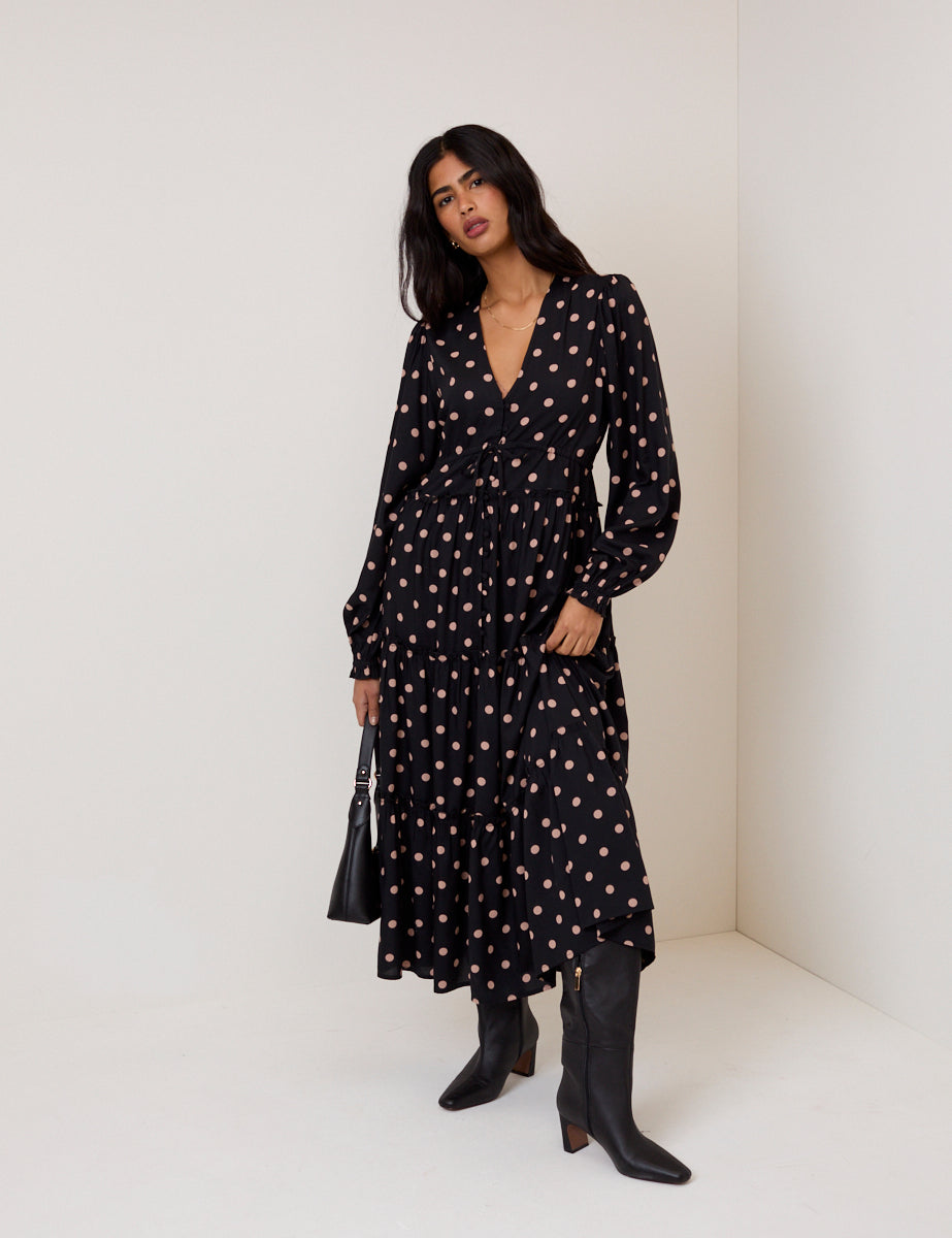 Black Polka Dot Balloon Sleeve Sofia Midi Dress