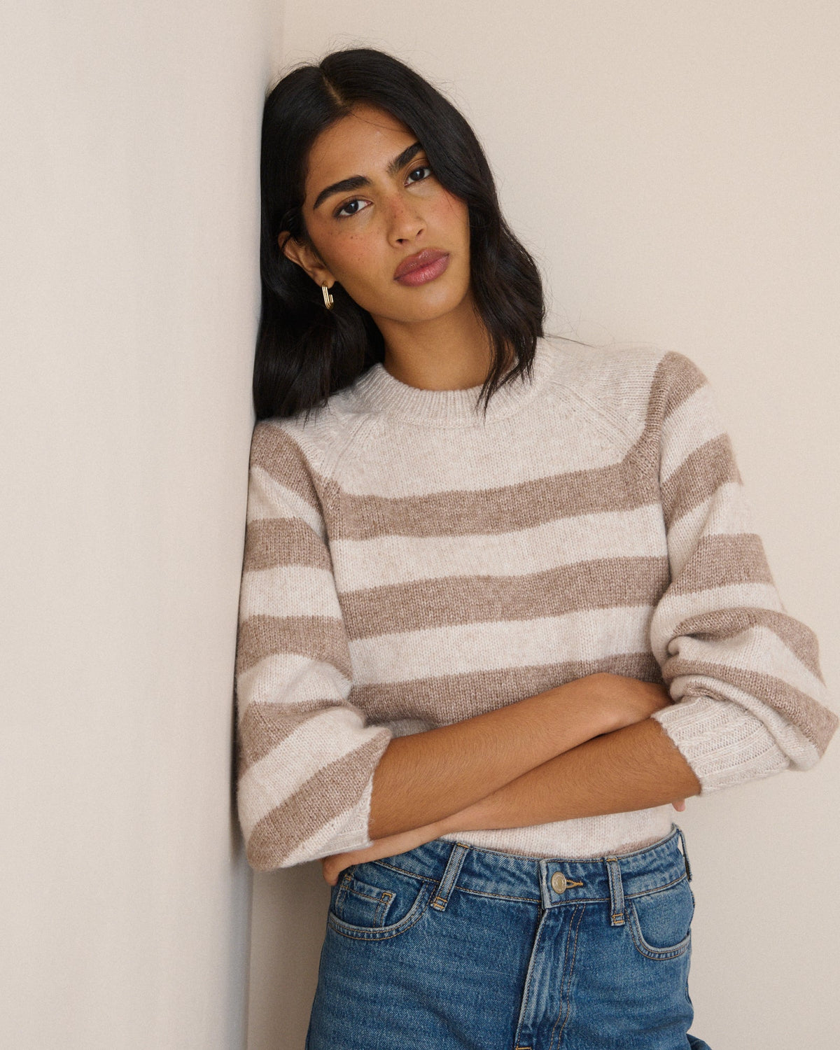 Brown Striped Contrast Trim Jumper