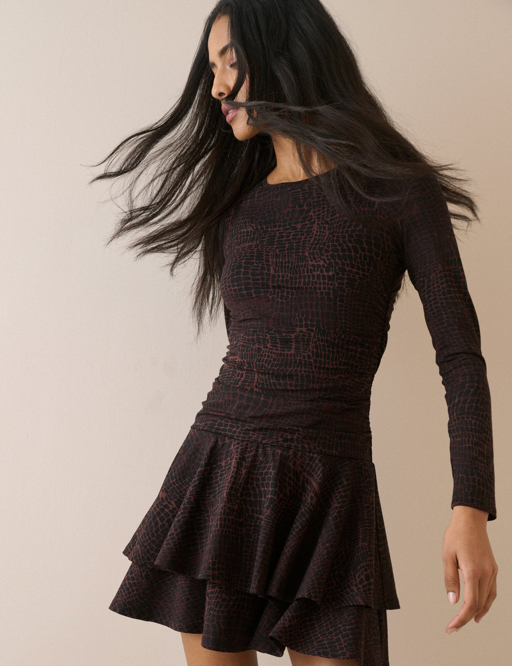 Brown Snake Print Long Sleeve Yuki Mini Dress