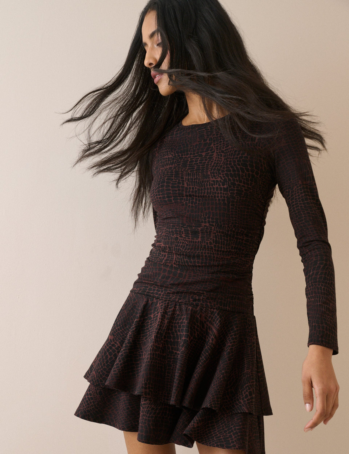 Brown Snake Print Long Sleeve Yuki Mini Dress