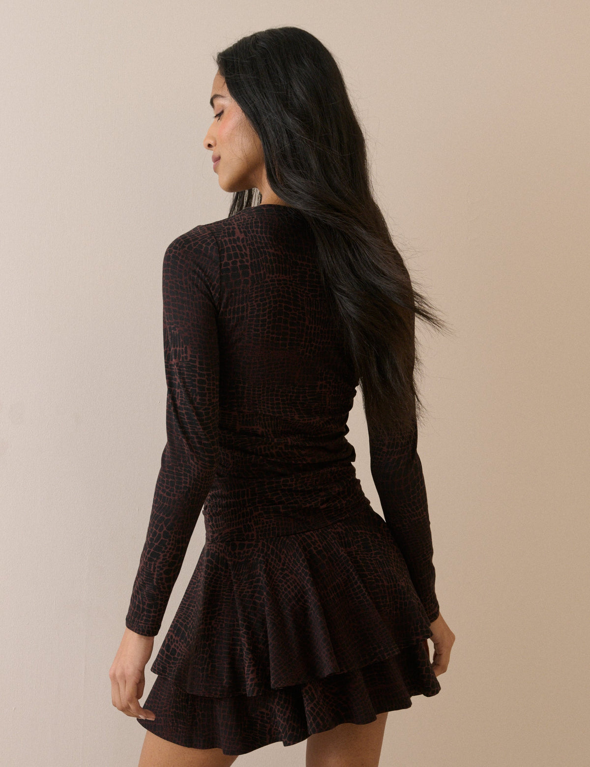 Brown Snake Print Long Sleeve Yuki Mini Dress