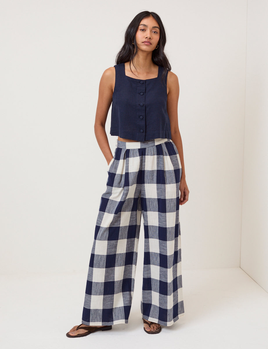 Navy Linen-Rich Button Front Top